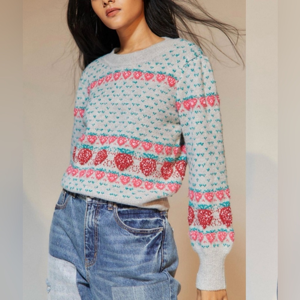Kimchi Blue Strawberry Sweater with Puff Sleeves, XS